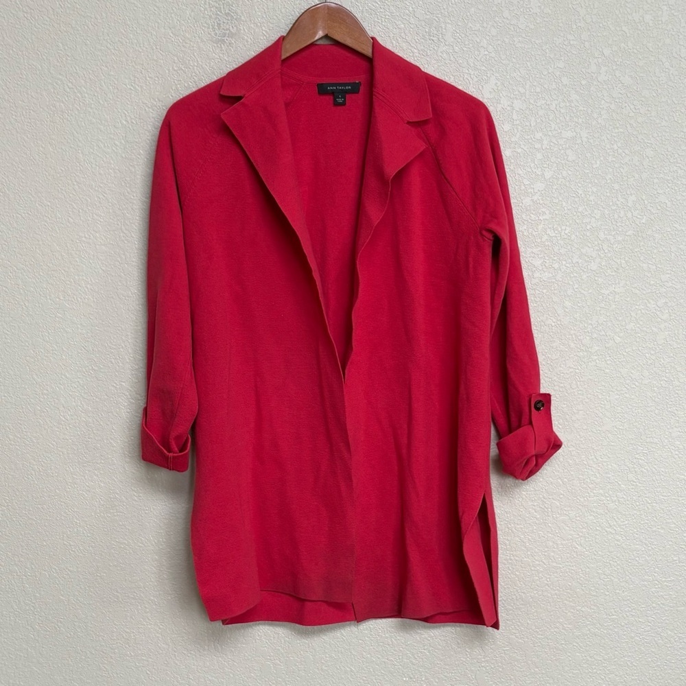 Ann‎ Taylor Red Open Front Sweater Jacket Blazer Roll Tab Sleeve Knit Cardigan S